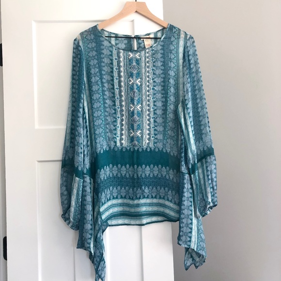 Sundance Tops - Sundance Teal Patterned Boho Blouse